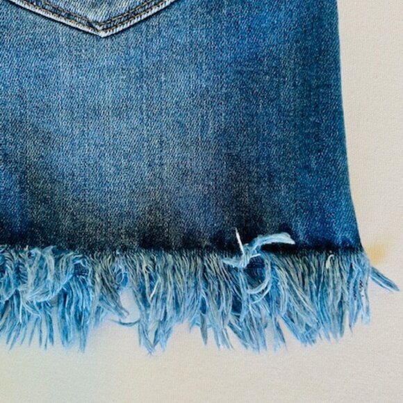 Lisa Mini Stretch Denim Jean Skirt Distressed in Indigo w/ Raw Frayed Edge Hem - Picture 11 of 12